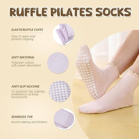 Cuffbow 5 Pairs Ruffle Pilates Socks with Grips for Women, Pastel Non Slip Crew Ruffle Yoga Socks for Gym, Barre, Pilates in Saudi Arabia