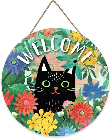 Deroro Welcome Spring Black Cat Sign for Front Door Decor, Daisy Flowers Floral Wood Door Hanger for Outdoor Outside Porch, Seasonal Summer Farmhouse Wooden Wreath Indoor Wall Hanging Decoration in Kuwait