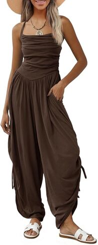 Fisoew Womens Casual Jumpsuits Summer Halter Straps Sleeveless Overalls Ruched Barrel Wide Leg Side-Cinch Long Pant Rompers in Saudi Arabia