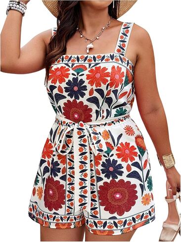 Floerns Women's Plus Size Floral Print Sleeveless Tank Romper Belt Boho Summer Short Jumpsuits in Saudi Arabia