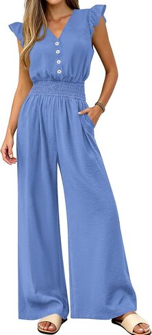 dowerme Women's Jumpsuits Dressy Casual 2026 Summer Ruffle Cap Sleeve V Neck Button Smocked Rompers Wide Leg Overalls in Saudi Arabia