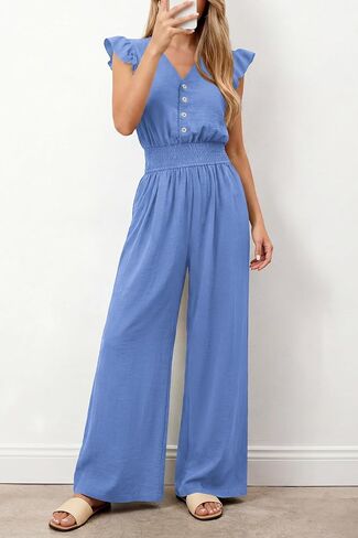 dowerme Women's Jumpsuits Dressy Casual 2026 Summer Ruffle Cap Sleeve V Neck Button Smocked Rompers Wide Leg Overalls in Saudi Arabia