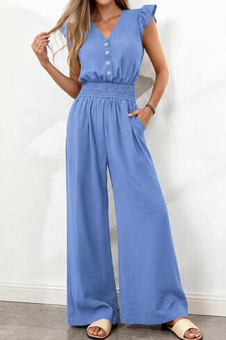 dowerme Women's Jumpsuits Dressy Casual 2026 Summer Ruffle Cap Sleeve V Neck Button Smocked Rompers Wide Leg Overalls in Saudi Arabia
