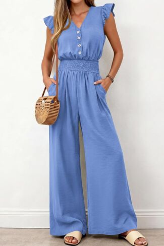 dowerme Women's Jumpsuits Dressy Casual 2026 Summer Ruffle Cap Sleeve V Neck Button Smocked Rompers Wide Leg Overalls in Saudi Arabia