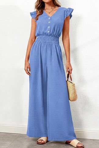 dowerme Women's Jumpsuits Dressy Casual 2026 Summer Ruffle Cap Sleeve V Neck Button Smocked Rompers Wide Leg Overalls in Saudi Arabia