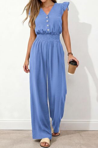 dowerme Women's Jumpsuits Dressy Casual 2026 Summer Ruffle Cap Sleeve V Neck Button Smocked Rompers Wide Leg Overalls in Saudi Arabia