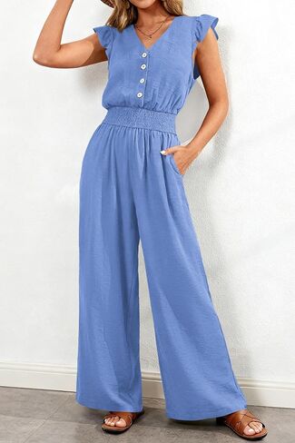 dowerme Women's Jumpsuits Dressy Casual 2026 Summer Ruffle Cap Sleeve V Neck Button Smocked Rompers Wide Leg Overalls in Saudi Arabia