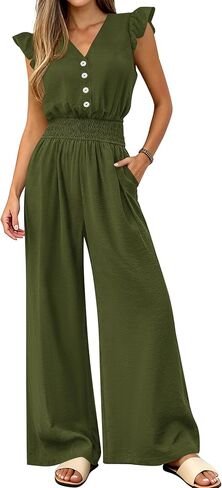 dowerme Women's Jumpsuits Dressy Casual 2026 Summer Ruffle Cap Sleeve V Neck Button Smocked Rompers Wide Leg Overalls in Saudi Arabia