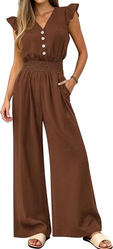dowerme Women's Jumpsuits Dressy Casual 2026 Summer Ruffle Cap Sleeve V Neck Button Smocked Rompers Wide Leg Overalls in Saudi Arabia