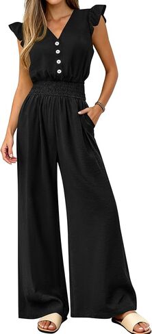 dowerme Women's Jumpsuits Dressy Casual 2026 Summer Ruffle Cap Sleeve V Neck Button Smocked Rompers Wide Leg Overalls in Saudi Arabia