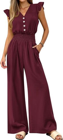 dowerme Women's Jumpsuits Dressy Casual 2026 Summer Ruffle Cap Sleeve V Neck Button Smocked Rompers Wide Leg Overalls in Saudi Arabia