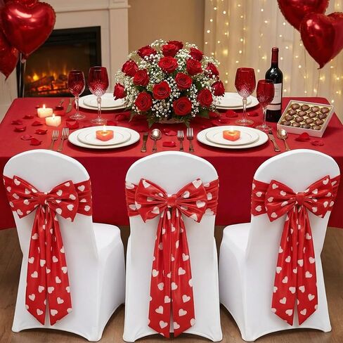 10 Pcs Valentine's Day Satin Chair Sashes Red Love Heart Dining Chair Cover 24 x 13'' Red Bows Elastic Reusable Back Ribbon Bows Cover for Wedding Events Anniversary Bridal Banquet Party in Kuwait