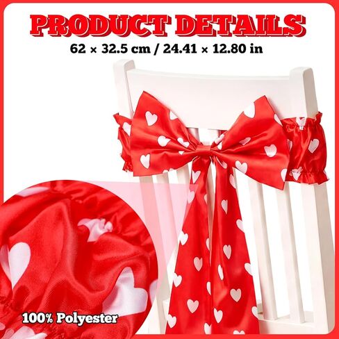 10 Pcs Valentine's Day Satin Chair Sashes Red Love Heart Dining Chair Cover 24 x 13'' Red Bows Elastic Reusable Back Ribbon Bows Cover for Wedding Events Anniversary Bridal Banquet Party in Kuwait