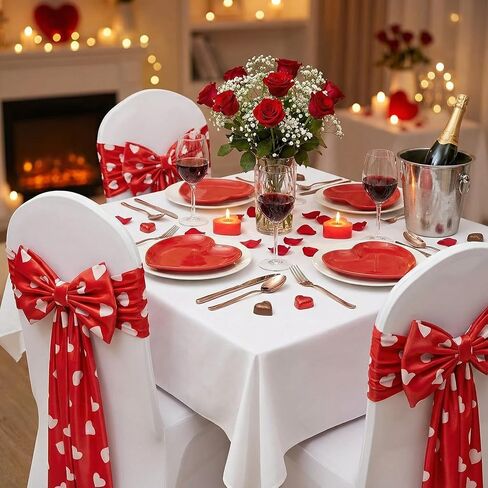 10 Pcs Valentine's Day Satin Chair Sashes Red Love Heart Dining Chair Cover 24 x 13'' Red Bows Elastic Reusable Back Ribbon Bows Cover for Wedding Events Anniversary Bridal Banquet Party in Kuwait