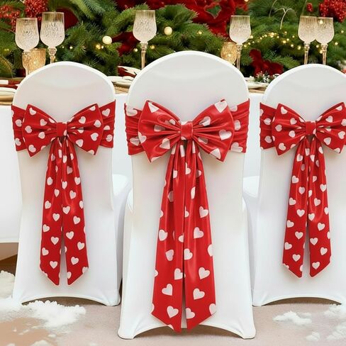 10 Pcs Valentine's Day Satin Chair Sashes Red Love Heart Dining Chair Cover 24 x 13'' Red Bows Elastic Reusable Back Ribbon Bows Cover for Wedding Events Anniversary Bridal Banquet Party in Kuwait