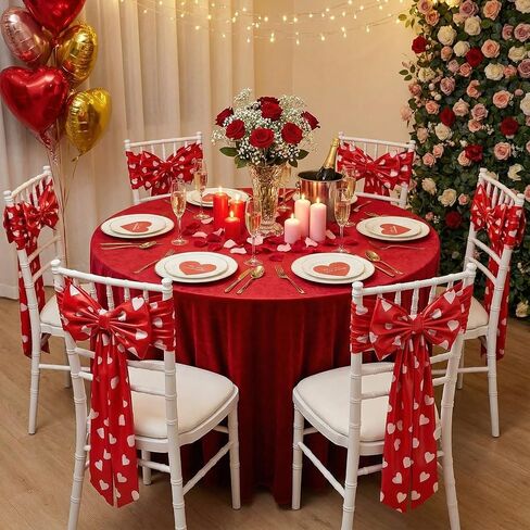 10 Pcs Valentine's Day Satin Chair Sashes Red Love Heart Dining Chair Cover 24 x 13'' Red Bows Elastic Reusable Back Ribbon Bows Cover for Wedding Events Anniversary Bridal Banquet Party in Kuwait