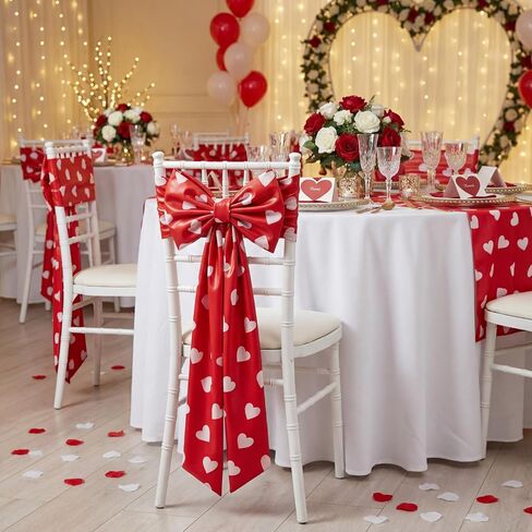 10 Pcs Valentine's Day Satin Chair Sashes Red Love Heart Dining Chair Cover 24 x 13'' Red Bows Elastic Reusable Back Ribbon Bows Cover for Wedding Events Anniversary Bridal Banquet Party in Kuwait