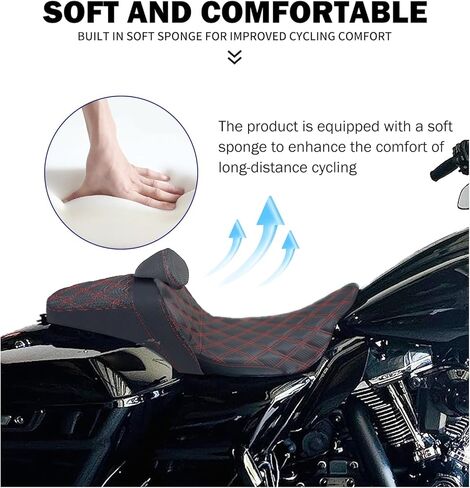 HDBUBALUS Motorcycle Seat Driver Passenger Touring Seat with Backrests for Harley Electra Glide Classic Street Glide Road Glide 2009-later (Black with red thread) in Saudi Arabia