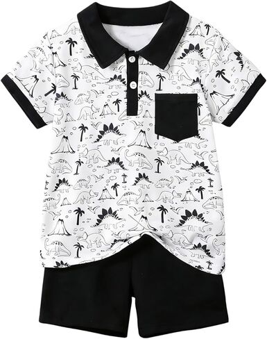 Size 4-8 Years Boys Clothes 2 Piece Summer Outfit Short Sleeve Dinosaur Polo Tee Shirt Top and Casual Shorts Set in Saudi Arabia