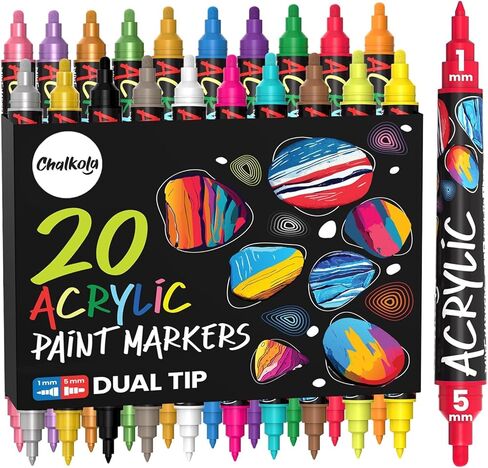 20 قلم طلاء أكريليك من تشالكولا بطرف مزدوج - علامات أكريليك للرسم الصخري، القماش، الخشب، السيراميك، الزجاج، القماش، المعدن - أقلام طلاء أكريليك ذات طرف رفيع دائمة ومقاومة للماء للأطفال والكبار in Kuwait