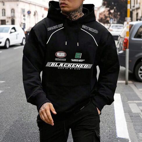 Men's Graphic Hooded Sweatshirt, Black Streetwear Pullover with Kangaroo Pocket, Casual Letter Print Hoodie for Men in Saudi Arabia
