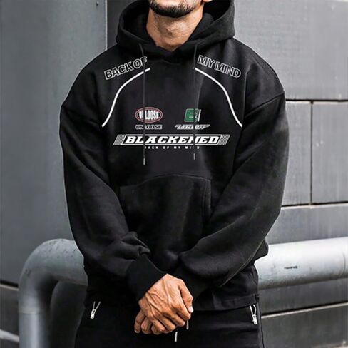 Men's Graphic Hooded Sweatshirt, Black Streetwear Pullover with Kangaroo Pocket, Casual Letter Print Hoodie for Men in Saudi Arabia