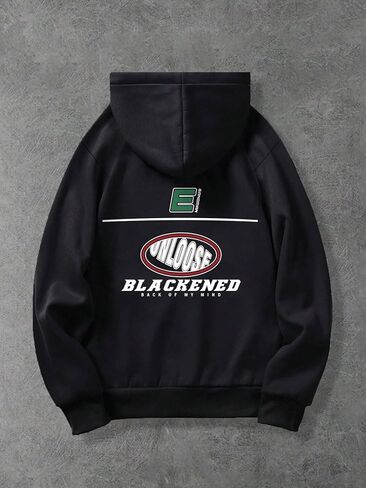 Men's Graphic Hooded Sweatshirt, Black Streetwear Pullover with Kangaroo Pocket, Casual Letter Print Hoodie for Men in Saudi Arabia