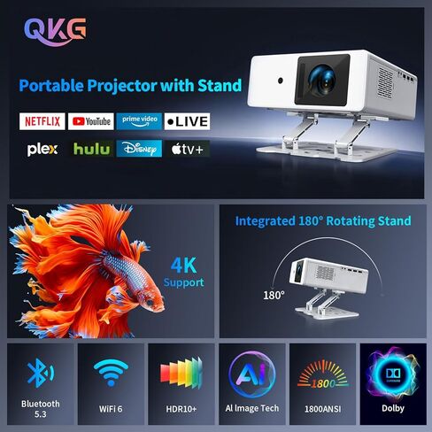 [Licensed & Auto Focus] 4K Projector with WiFi 6 and Bluetooth, Licensed Outdoor Projector, 1800 ANSI Lumens Auto Focus Dolby Audio Portable Smart Projector with HDR10+ in Saudi Arabia