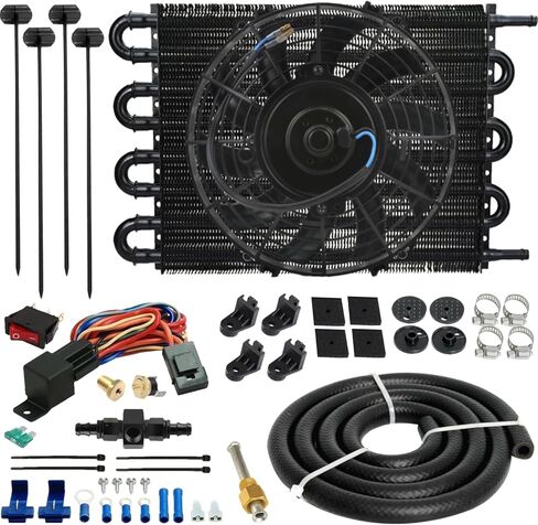 8 Pass 3/8" Aluminum Engine Transmission Oil Cooler Fan 6AN in-Line Hose End Fittings 180'F Thermostat Temperature Switch Wiring Kit in Saudi Arabia