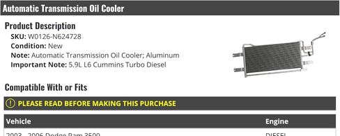 Automatic Transmission Oil Cooler - Aluminum - Compatible with 2003-2006 Dodge Ram 3500 5.9L L6 Turbo Diesel in Saudi Arabia