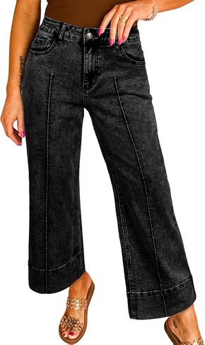 Astylish Women's 2026 Stretchy Breathable Wide Leg High Waisted Jeans Casual Cropped Ankle Denim Pants with Vertical Seams in Kuwait