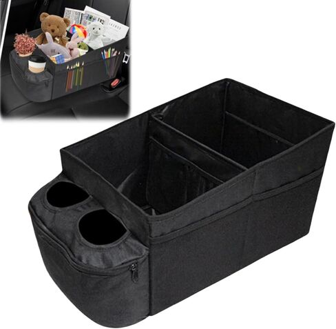 Car Seat Organizer, 2-in-1 Storage Box and Lumbar Support Cushion for Front Back Seat, 600D Oxford Cloth, 30L Collapsible Design, Road Trip Essentials, Universal Fit, Black in Kuwait