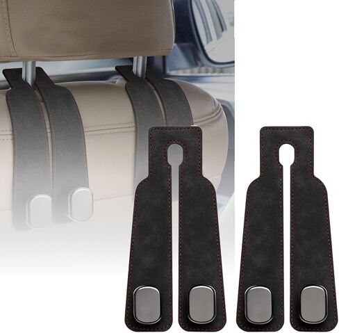 خطافات مسند رأس السيارة الجلدية، خطافات محفظة خلفية لمقعد السيارة 2 في 1 مع شماعات معدنية مزدوجة، حامل تخزين عالمي للسيارة للحقائب وحقائب اليد والهواتف والبقالة (قطعتان، أسود) in Kuwait