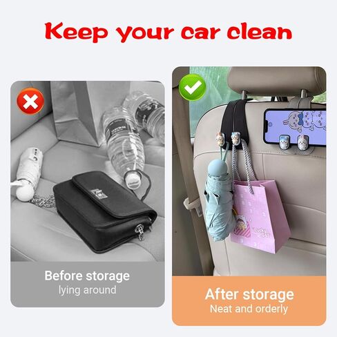 خطافات مسند رأس السيارة الجلدية، خطافات محفظة خلفية لمقعد السيارة 2 في 1 مع شماعات معدنية مزدوجة، حامل تخزين عالمي للسيارة للحقائب وحقائب اليد والهواتف والبقالة (قطعتان، أسود) in Kuwait