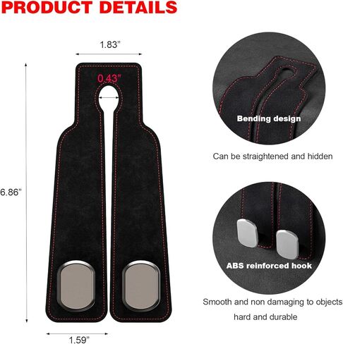 خطافات مسند رأس السيارة الجلدية، خطافات محفظة خلفية لمقعد السيارة 2 في 1 مع شماعات معدنية مزدوجة، حامل تخزين عالمي للسيارة للحقائب وحقائب اليد والهواتف والبقالة (قطعتان، أسود) in Kuwait