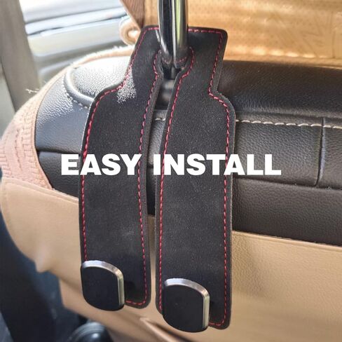 خطافات مسند رأس السيارة الجلدية، خطافات محفظة خلفية لمقعد السيارة 2 في 1 مع شماعات معدنية مزدوجة، حامل تخزين عالمي للسيارة للحقائب وحقائب اليد والهواتف والبقالة (قطعتان، أسود) in Kuwait