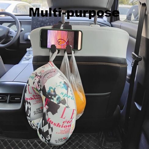 خطافات مسند رأس السيارة الجلدية، خطافات محفظة خلفية لمقعد السيارة 2 في 1 مع شماعات معدنية مزدوجة، حامل تخزين عالمي للسيارة للحقائب وحقائب اليد والهواتف والبقالة (قطعتان، أسود) in Kuwait