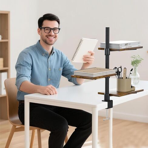 مشبك على رف المكتب 3 طبقات، وحدة رفوف خشبية بارتفاع قابل للتعديل لملحقات ألعاب المكتب، صينية تخزين قابلة للدوران 360 درجة، رف تخزين منظم الكتب المكتبي، رف لأعلى المكتب in Kuwait