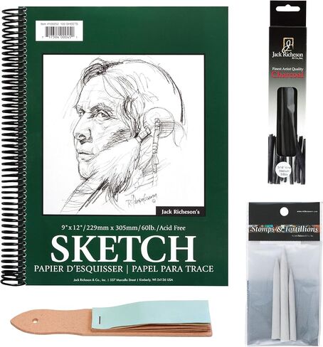 Jack Richeson Introduction to Charcoal Drawing Set – 100 Sheet Brilliant White, Acid-Free Drawing pad, Box of 5 Natural Vine Charcoal Drawing Sticks, 2 Pack of Blending Stomp Pack in Saudi Arabia