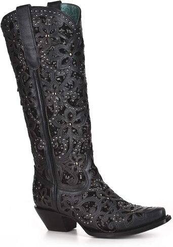 Corral Boots Women's Handcrafted Western Boots | Snip Toe Tall Cowboy Boots with Glitter Inlay, Floral Overlay and Crystal Studs in Saudi Arabia