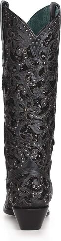 Corral Boots Women's Handcrafted Western Boots | Snip Toe Tall Cowboy Boots with Glitter Inlay, Floral Overlay and Crystal Studs in Saudi Arabia