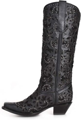 Corral Boots Women's Handcrafted Western Boots | Snip Toe Tall Cowboy Boots with Glitter Inlay, Floral Overlay and Crystal Studs in Saudi Arabia