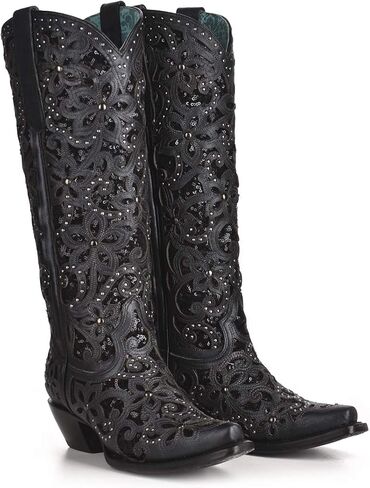 Corral Boots Women's Handcrafted Western Boots | Snip Toe Tall Cowboy Boots with Glitter Inlay, Floral Overlay and Crystal Studs in Saudi Arabia