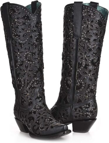 Corral Boots Women's Handcrafted Western Boots | Snip Toe Tall Cowboy Boots with Glitter Inlay, Floral Overlay and Crystal Studs in Saudi Arabia