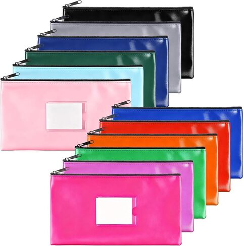 12-Pack Money Bags with Zipper, PU Leather Cash Pouches with Label & Card Holder, 11 x 6 Inch Bank Deposit Bags for Cash, Coins, Checks, Office Supplies, Cosmetics (12 Colors) in Saudi Arabia