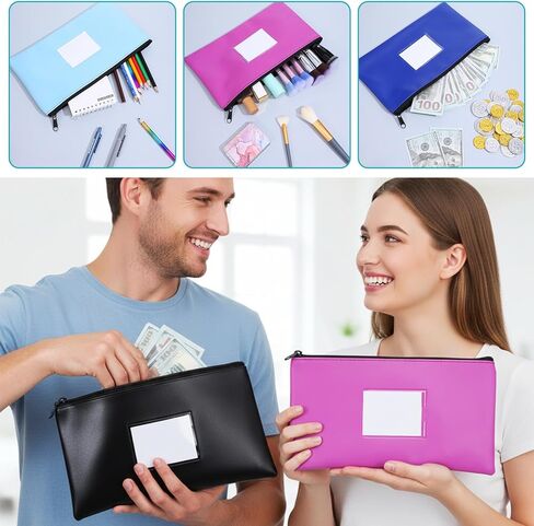 12-Pack Money Bags with Zipper, PU Leather Cash Pouches with Label & Card Holder, 11 x 6 Inch Bank Deposit Bags for Cash, Coins, Checks, Office Supplies, Cosmetics (12 Colors) in Saudi Arabia