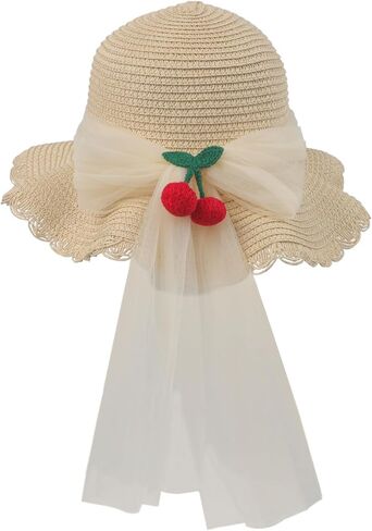Girls Summer Straw Hat Wide Brim Cute Bowknot Beach Sun Hat UPF 50+Outdoor Kids Sun Protection Sun Visor Cap Age 2-6 Years in Saudi Arabia