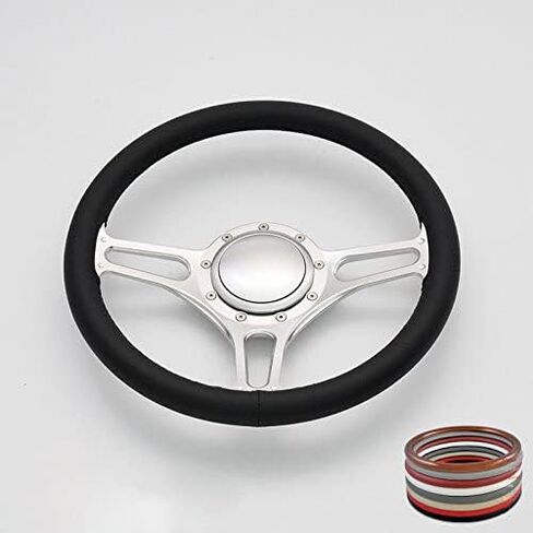 Flashpower 14''Satin Troika Billet Full Wrap 9 مسامير عجلة القيادة مع طبق 2 بوصة وزر قرن (أسود) in Saudi Arabia