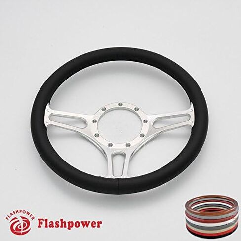 Flashpower 14''Satin Troika Billet Full Wrap 9 مسامير عجلة القيادة مع طبق 2 بوصة وزر قرن (أسود) in Saudi Arabia