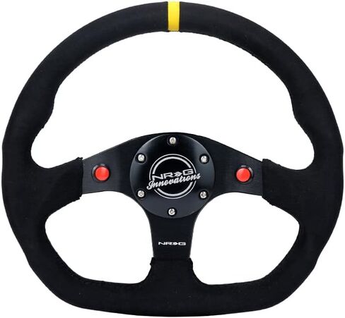 NRG Innovations NRG-RST-024D-MB-SA-Y Reinforced Steering Wheel 320mm Sport Alcantara Dual Push Buttons Flat Bottom with Yellow Center Mark in Saudi Arabia